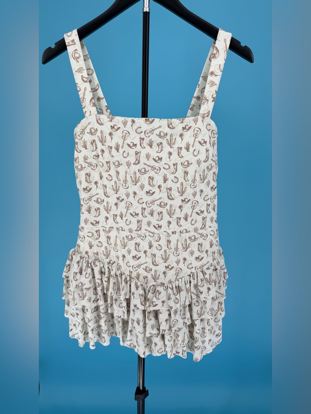 JoyLab Cream Western Print Ruffle Mini Dress - Brown/Cream (Size Medium) NWOT